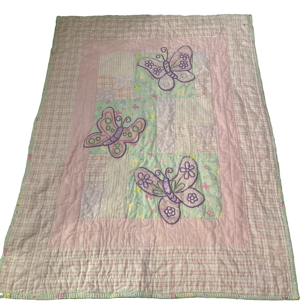 Hand Stitched Butterfly Quilt 31x 34 Appliqués Chenille Squares Patchwork